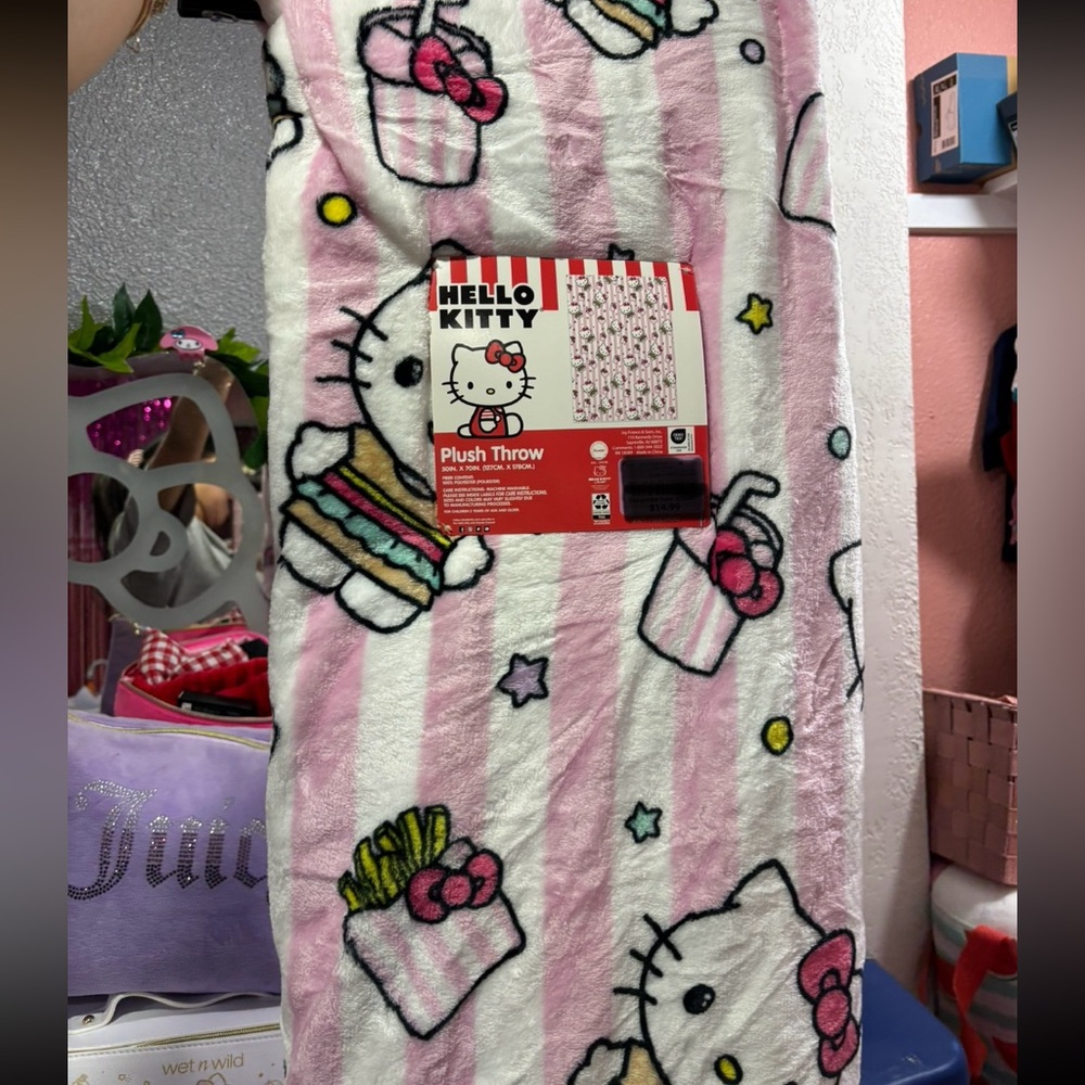 Hello Kitty Pink and White Striped Plush Blanket
